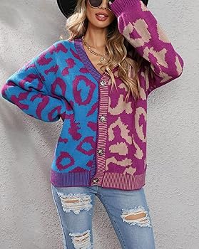 TERIVEEK Leopard Cardigan for Women Oversized Color Block
